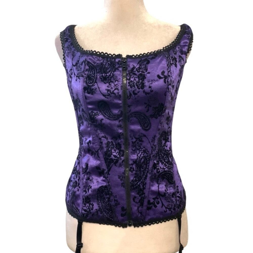 Frederick’s of Hollywood Y2K Purple Black Floral Corset Top with Garters – XL